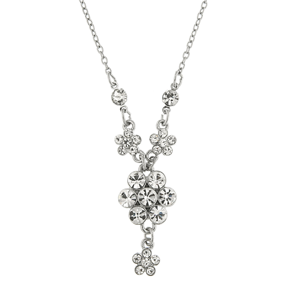 Silver Tone Crystal Flower Cluster Necklace 16   19 Inch Adjustable
