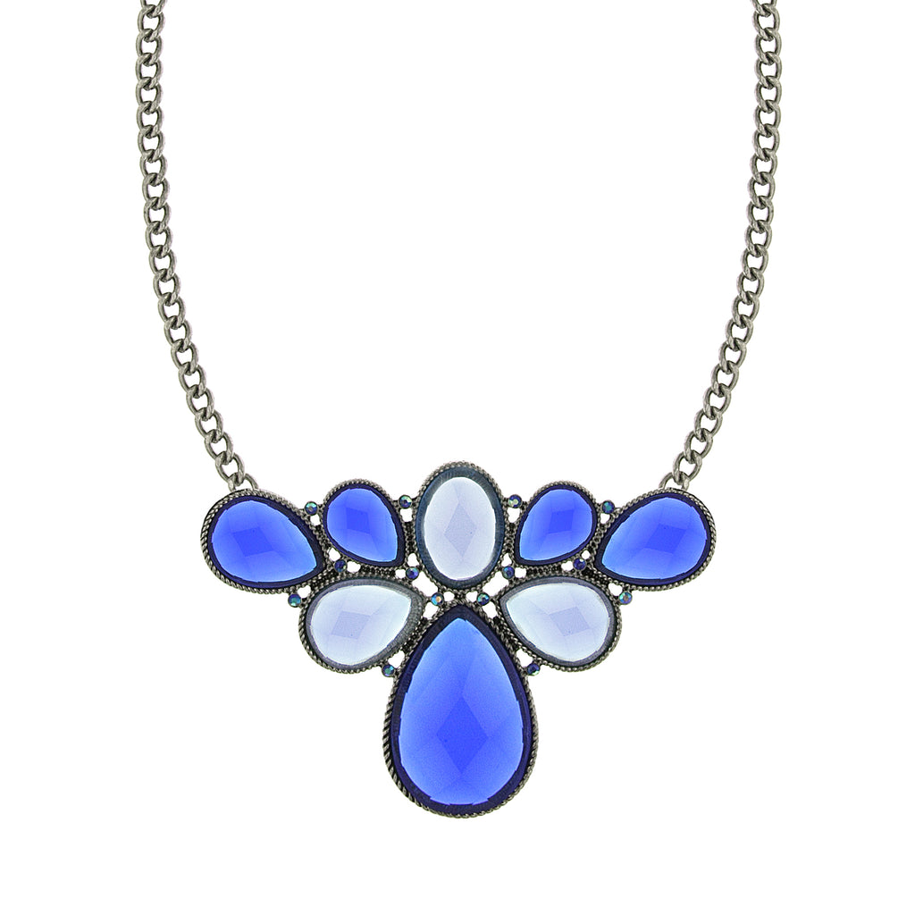 Silver Tone Blue Stone And Ab Blue Cluster Bib Necklace 16   19 Inch Adjustable