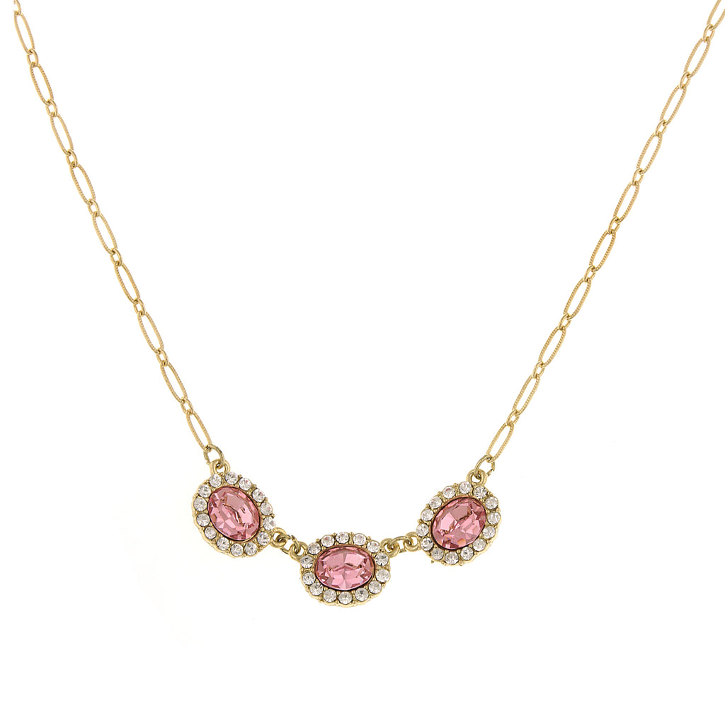 Gold-Tone Light Rose Oval Czech Crystal Necklace 16 - 19 Inch Adjustable