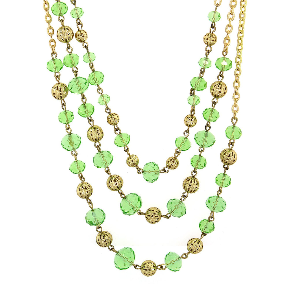 Gold Tone Light Green  Luxe Glass Crystal Puffed Round Filigree Bead 3 Strand Necklace 16   19 Inch Adjustable