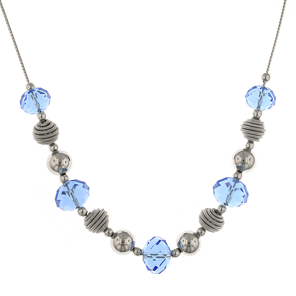 Silver Tone Blue Beaded Necklace 16   19 Inch Adjustable