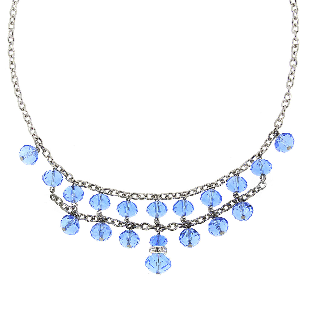 Light Blue Two Row Lux Cut Beaded Drop Necklace 16   19 Inch Adjustable