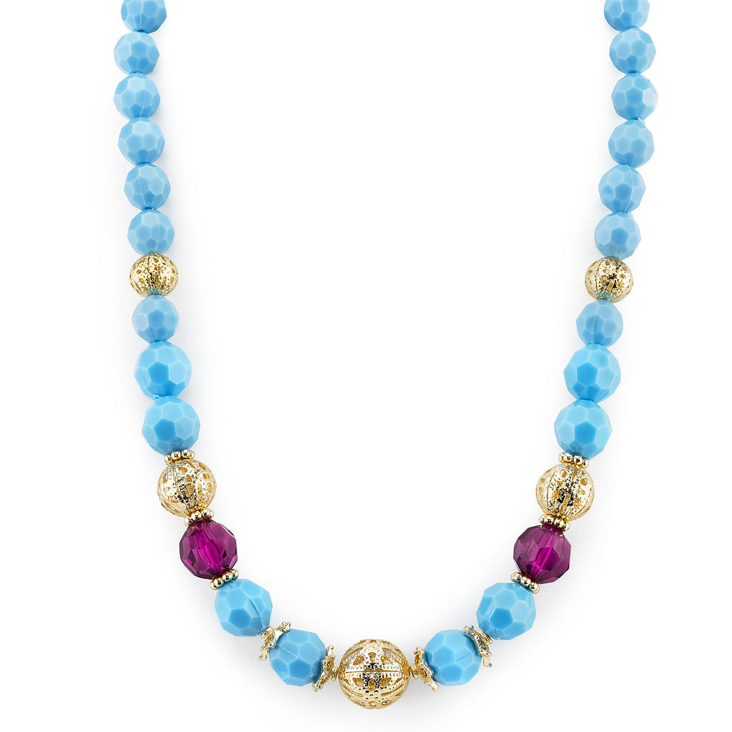 Gold Tone Turquoise Color And Purple Beaded Strand Necklace 16   19 Inch Adjustable