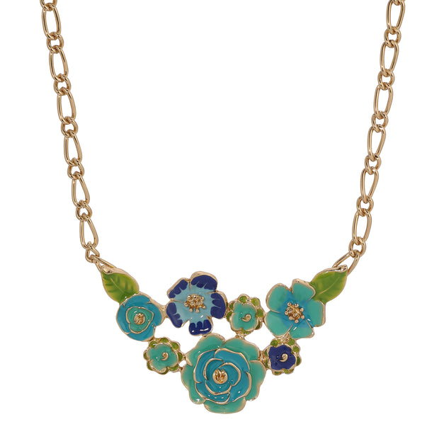 2028 Jewelry Turquoise Green & Blue Enamel Flower Bib Necklace 16" + 3" Extender