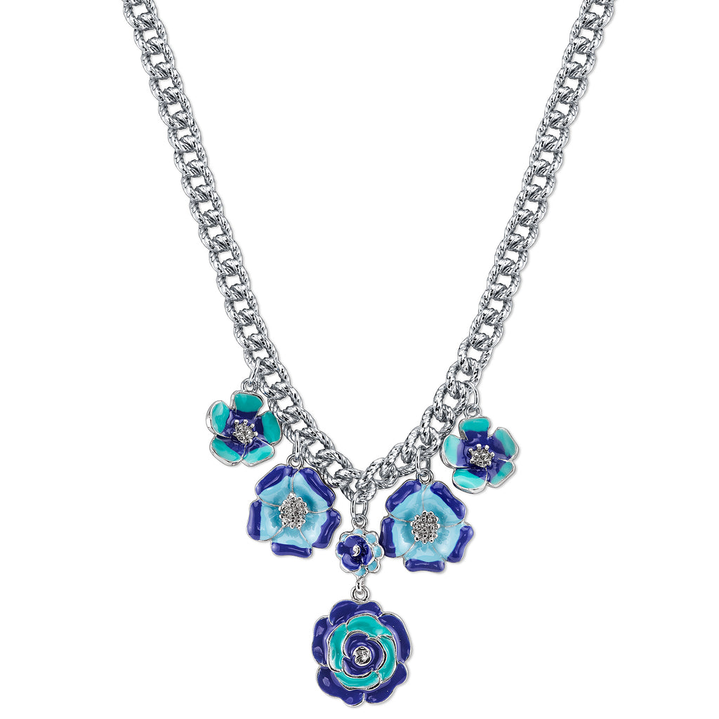 Silver Tone Blue Enamel Flower Necklace 16   19 Inch Adjustable