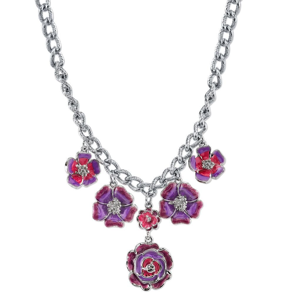 Silver Tone Purple And Pink Enamel Flower Necklace 16   19 Inch Adjustable
