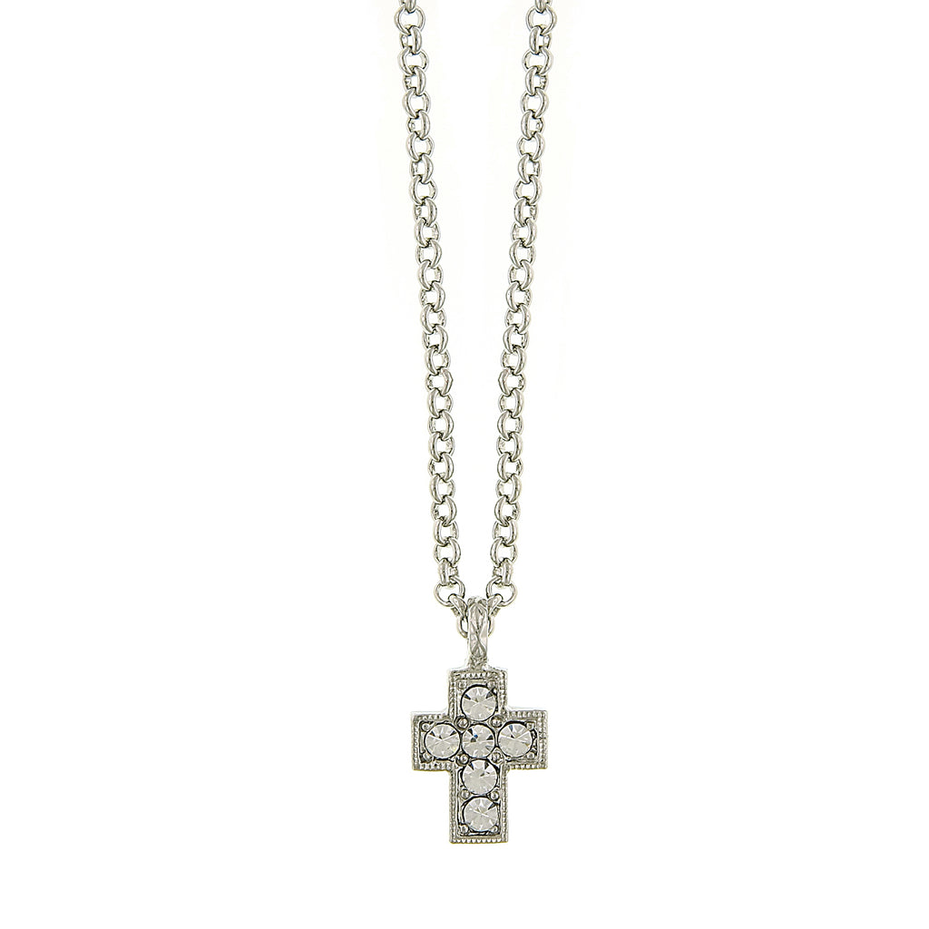 Silver Tone And Crystal Cross Necklace 16   19 Inch Adjustable