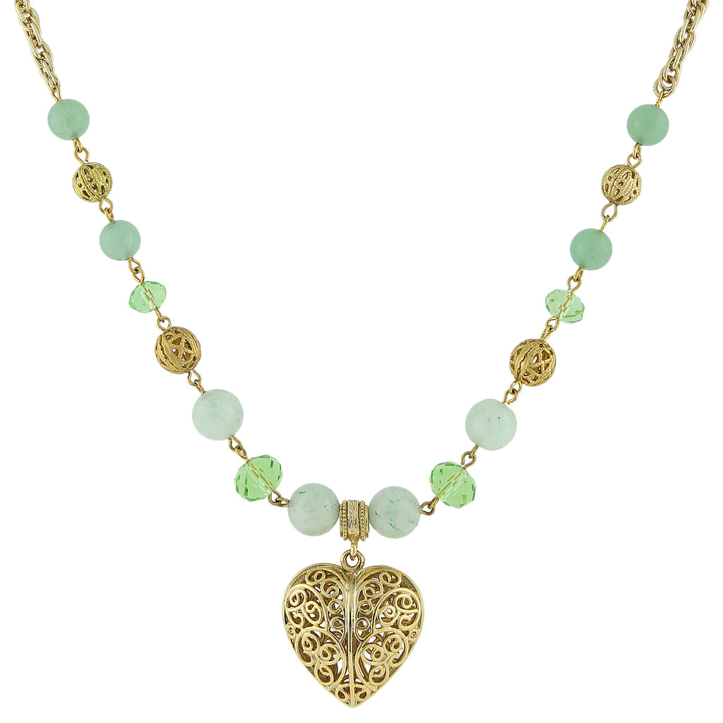 Gold Tone Gemstone Filigree Heart Pendant Necklace 16   19 Inch Adjustable Green Aventurine