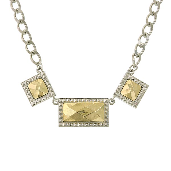 Silver Tone 3 Horizontal Gold Tone Stone Necklace 16 Inch