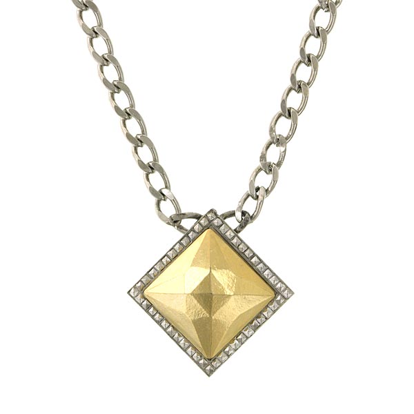 Silver Tone And Gold Tone Square Pendant Necklace 16   19 Inch Adjustable