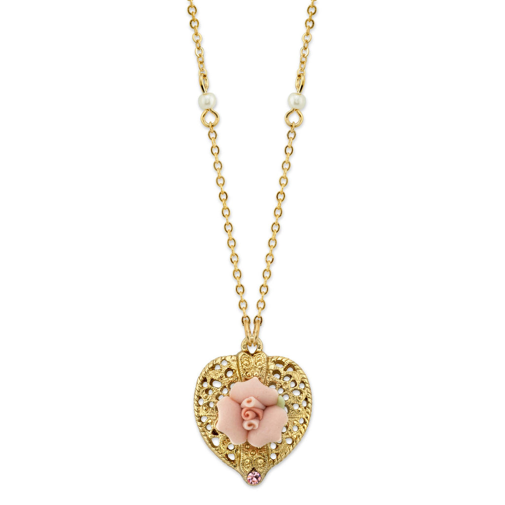 Pink Crystal Heart And Pink Porcelain Rose Filigree Necklace 16" + 3" Extender