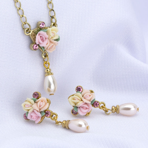 1928 Bridal Crystal Ivory And Pink Porcelain Rose Faux Pearl Necklace 16" + 3" Extender
