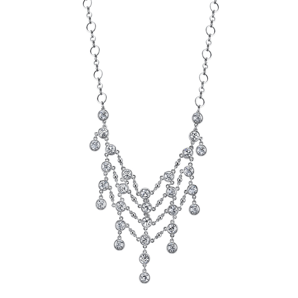 Silver Tone Crystal Statement Bib Necklace 15 In Adj
