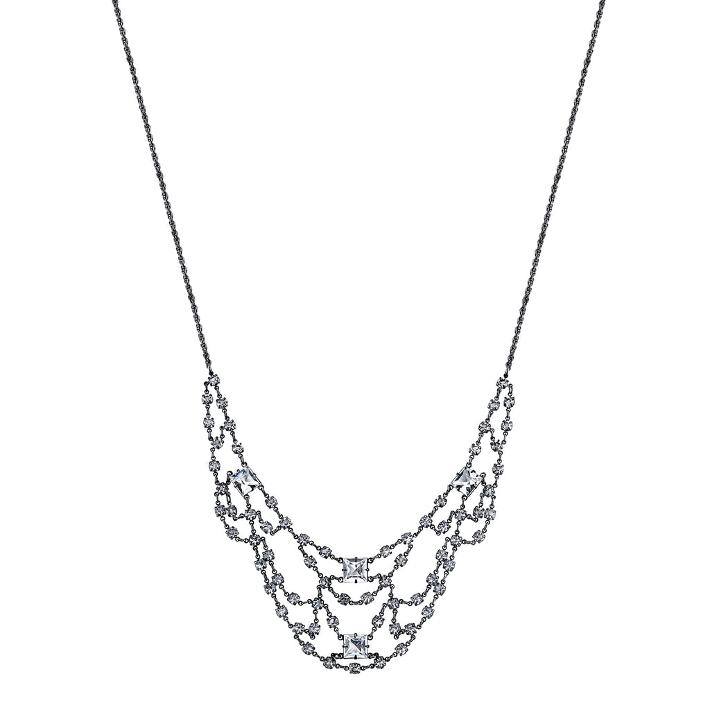 Black Tone Genuine Austrian Crystal Strand Bib Necklace 16   19 Inch Adjustable