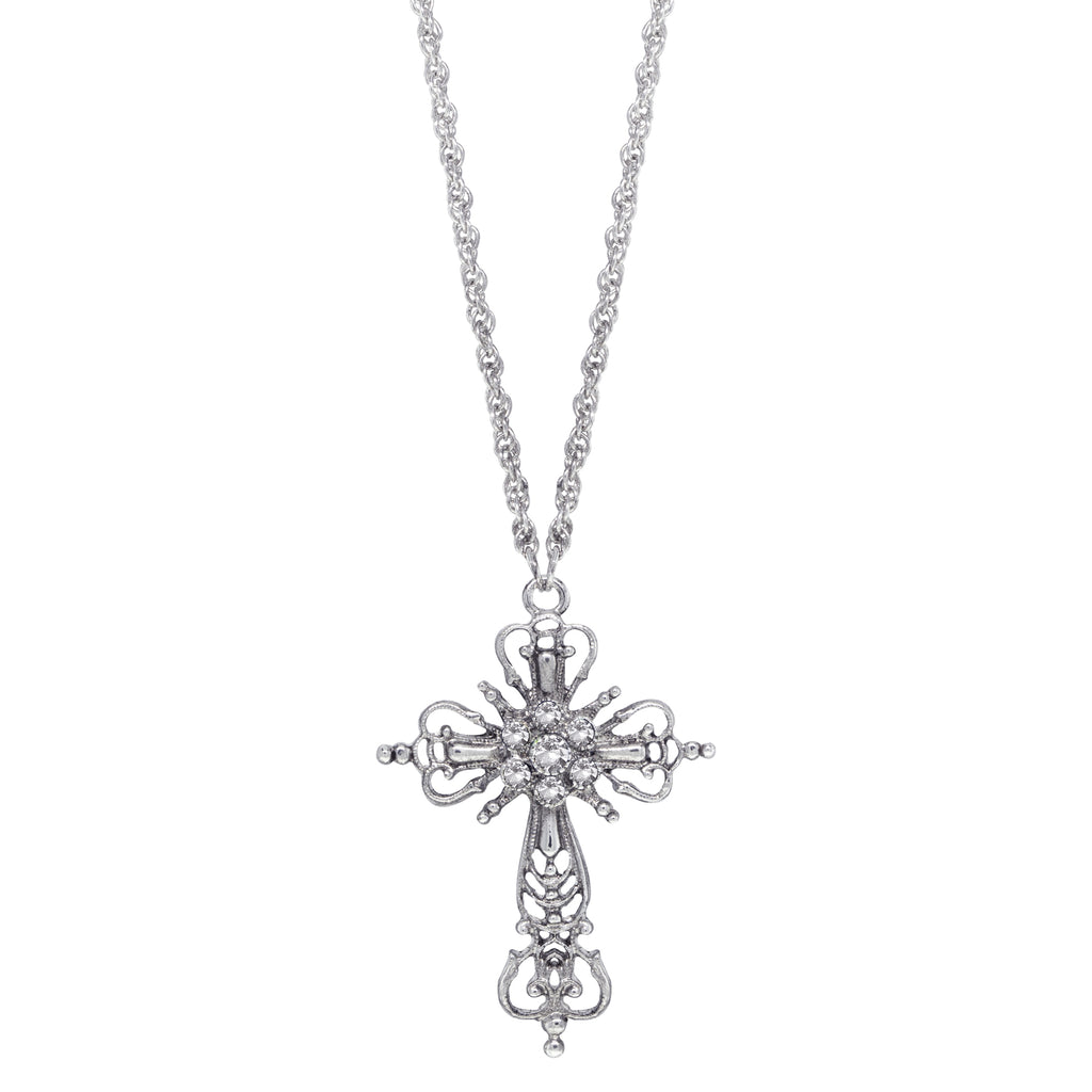 Silver-Tone Crystal Cross Necklace 30 Inch