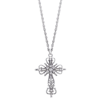 Silver-Tone Crystal Cross Necklace 30 Inch