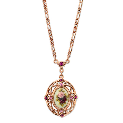 Rose Gold Tone Purple Crystal Flower Pendant Necklace 28 In