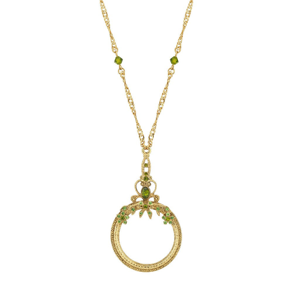 Ornate Olivine Brass Tone Magnifying Glass Necklace, 30 Inch Long   Magnification Power: 2X