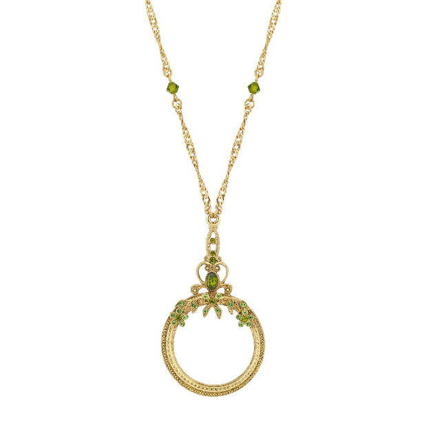 Ornate Olivine Brass-Tone Magnifying Glass Necklace, 30 Inch Long - Magnification Power: 2X