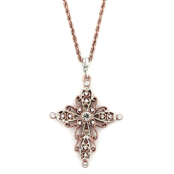 Rose Gold Tone And Silver Tone Crystal Cross Necklace 30 In