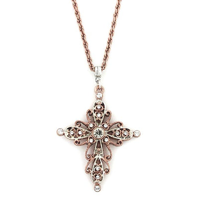 Rose Gold Tone And Silver Tone Crystal Cross Necklace 30 In