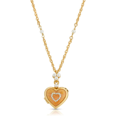 Orange Enamel Heart Locket With Faux Pearl Station Gold Chain Necklace 34 Inches