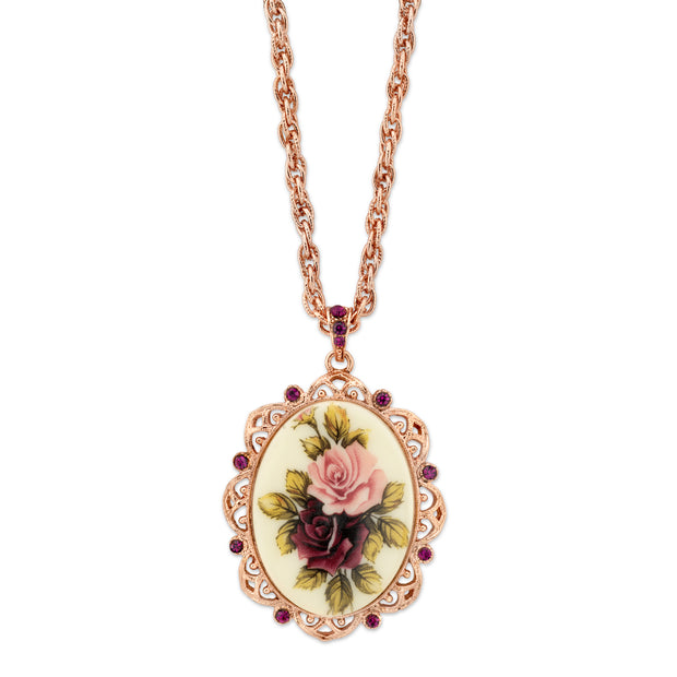 Rose Gold Tone Purple Crystal Flower Oval Pendant Necklace 28 In