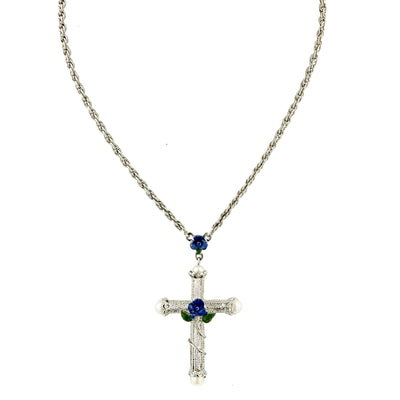 Silver Tone/Blue Enamel Cross Necklace 30