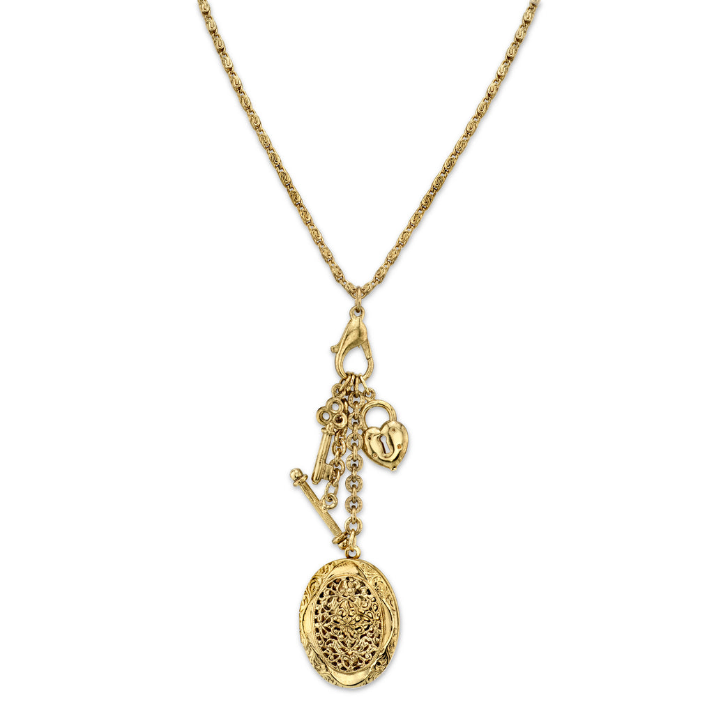 Gold Tone Key, Heart And Oval Filigree Locket Charm Necklace 26 In