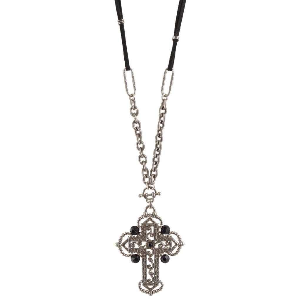 Silver Tone With Black Beads Cross Necklace 30 Inches