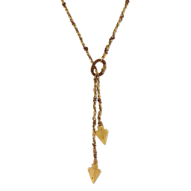 Matte 14K Gold Dipped Double Arrowhead Wrapped Lariat Necklace 42 In