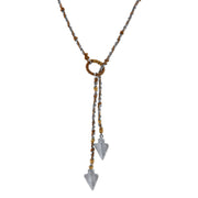 Pewter Tone Double Arrowhead Waxed Linen Wrapped Lariat Necklace 42 In