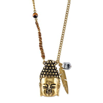 Waxed Linen Wrapped Chain With 14K Gold Dipped Buddha Head Necklace 28 In