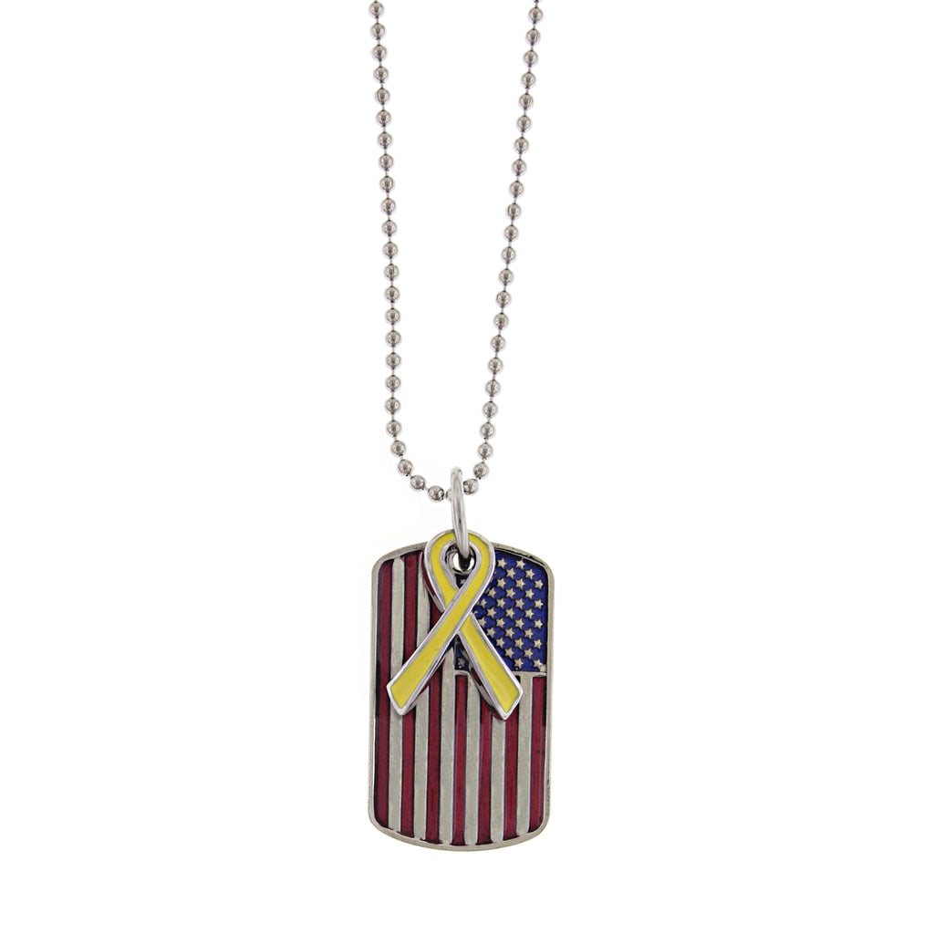 Silver Tone Enameled Flag Dog Tag W/ Yellow Ribbon Necklace 24 In
