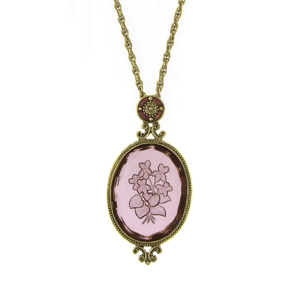 Gold Tone Amethyst Purple Oval Intaglio Pendant Necklace 18 In