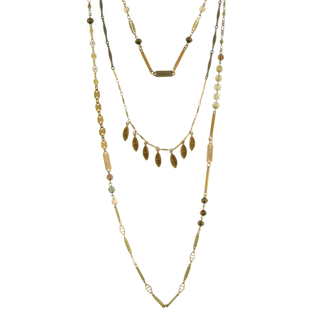 T.R.U. Triple Chain Necklace Accented With Baroque Glass Faux Pearls And Austrian 36 Inches