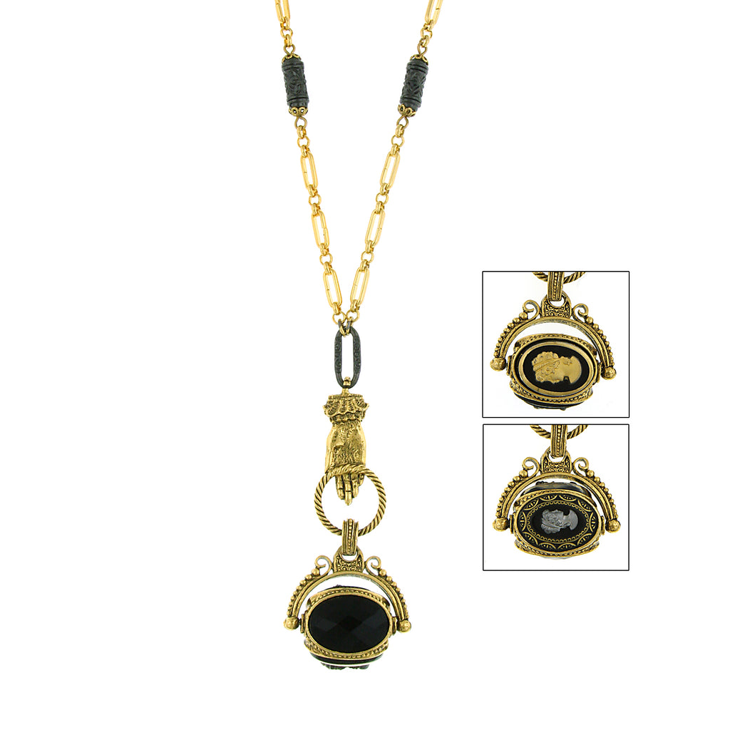 Gold Tone Black Cameo Spinner Necklace 24 In