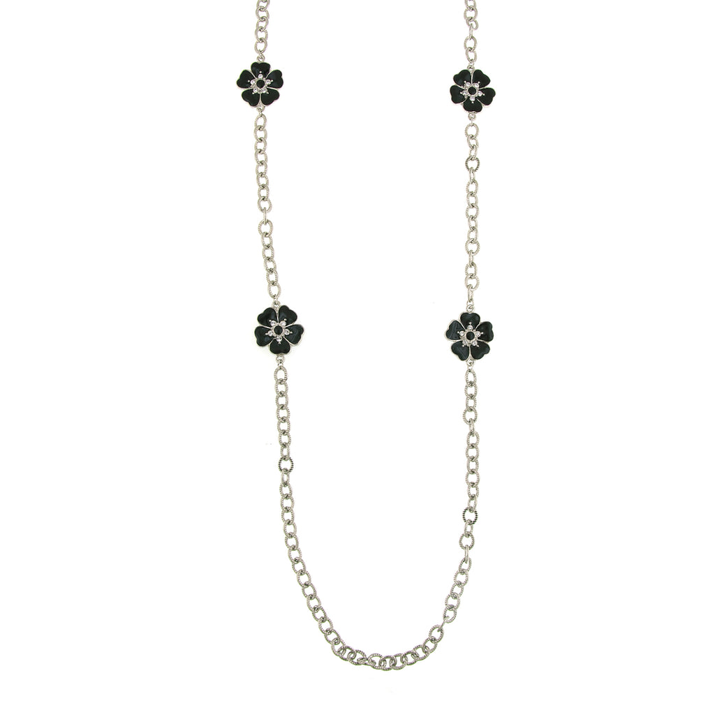 Silver Tone Black Enamel Flower Necklace 40 In