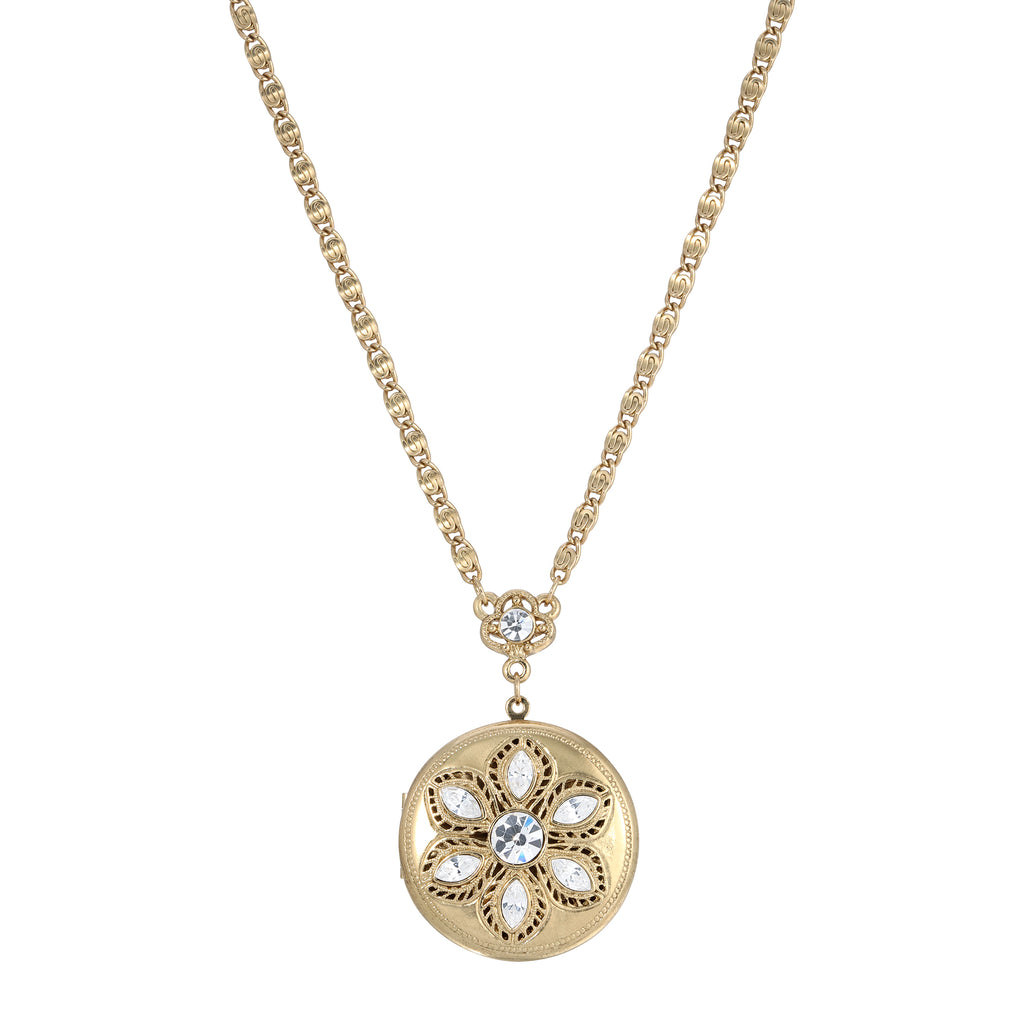 Crystal Flower Round Locket Necklace 30"