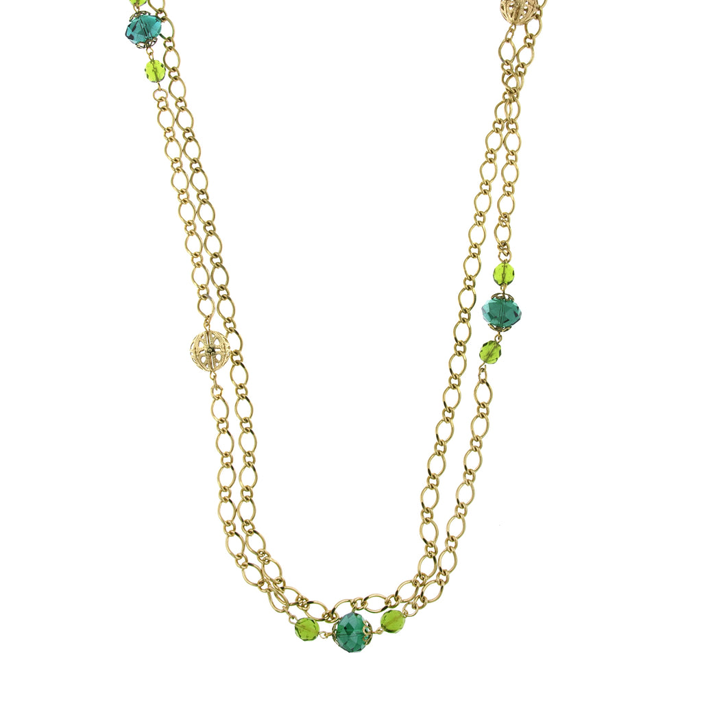 Gold Tone Green Crystal And Filigree Bead Long Necklace 42 In