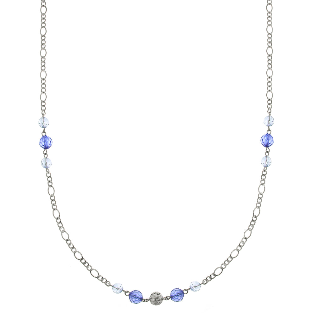 Silver Tone Blue Crystal And Filigree Bead Slim Long Necklace 42 In