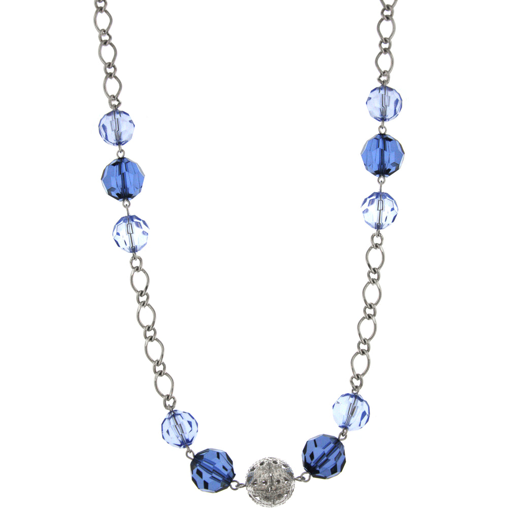 Silver Tone Blue Long Necklace 44 In