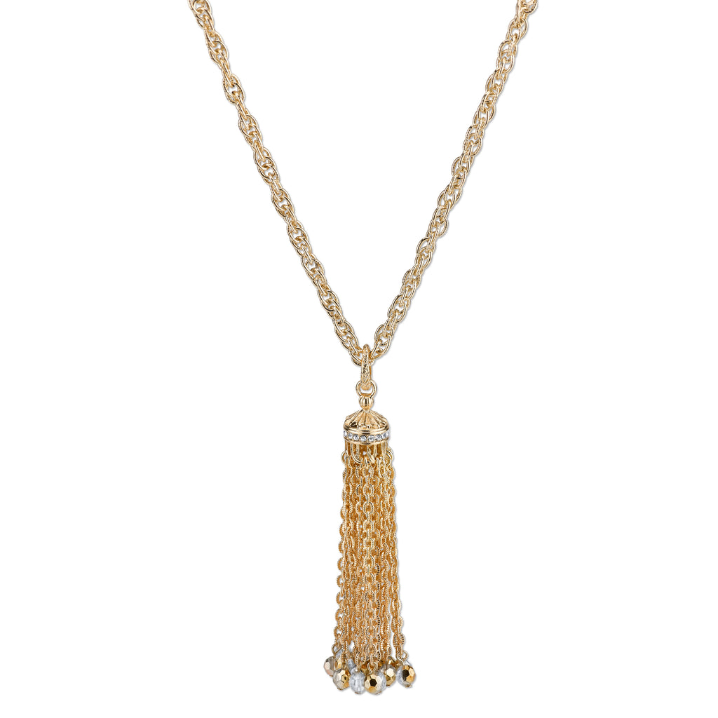 Gold Tone Crystal And Hematite Color Accent Tassel Necklace 30 In