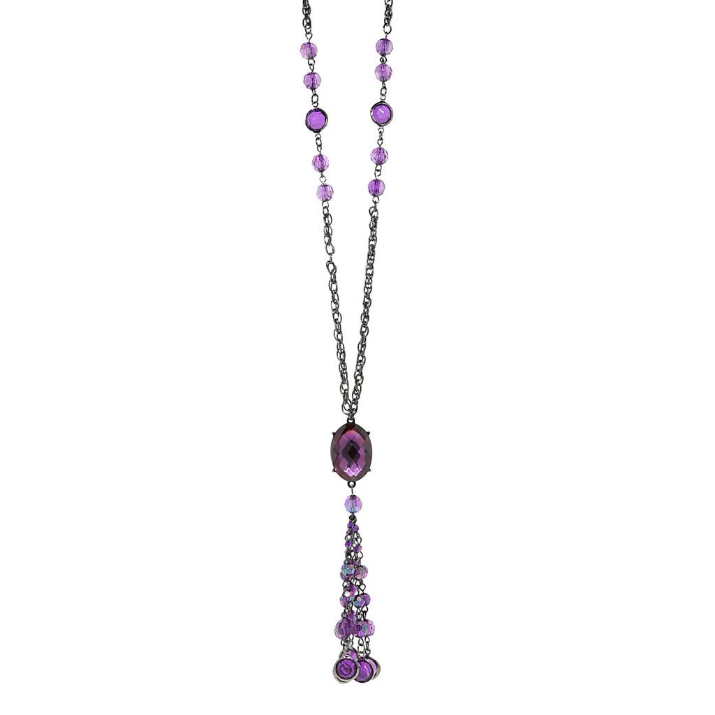  Black Tone Aurora Borealis Crystal Tassel Necklace 26 Inches