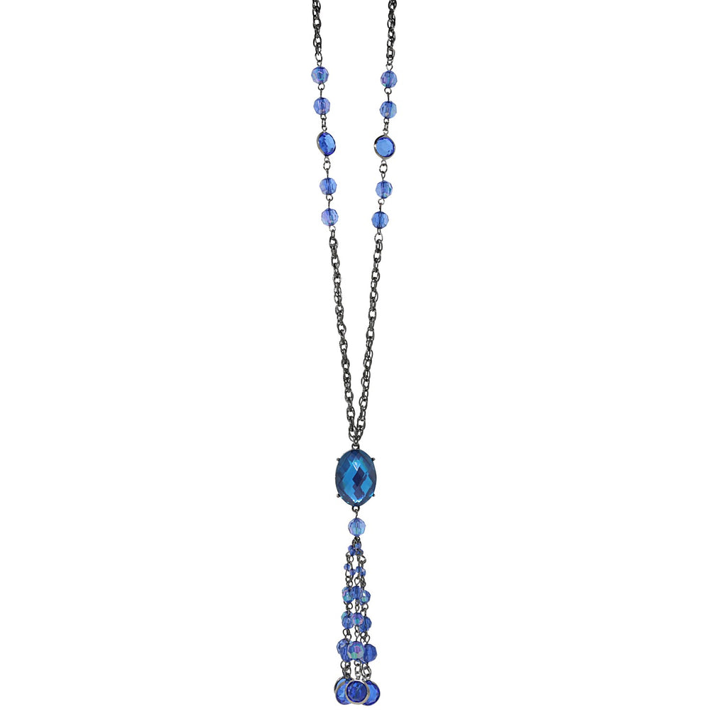 Blue  Black Tone Aurora Borealis Crystal Tassel Necklace 26 Inches