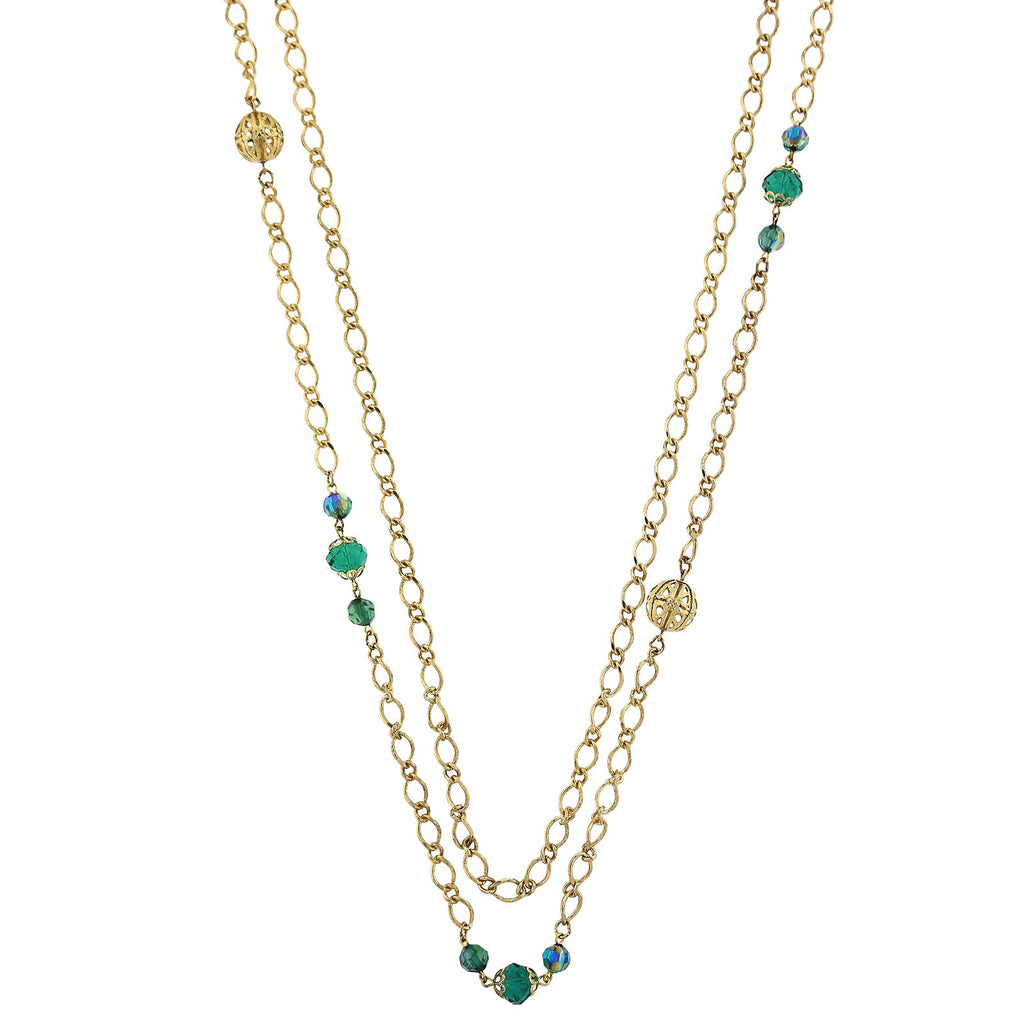 Green Long Layered Chain AB Crystal Necklace 42 Inches
