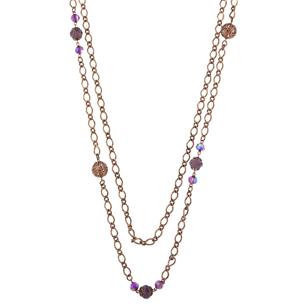 Antiqued Copper Amethyst Ab Long Necklace 42 In