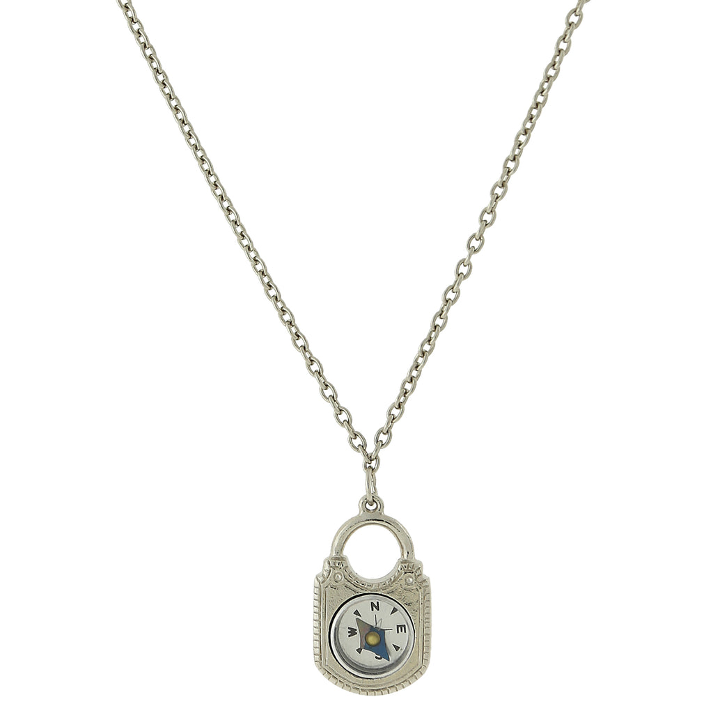 Silver Tone Petite Compass Pendant Necklace 24 In