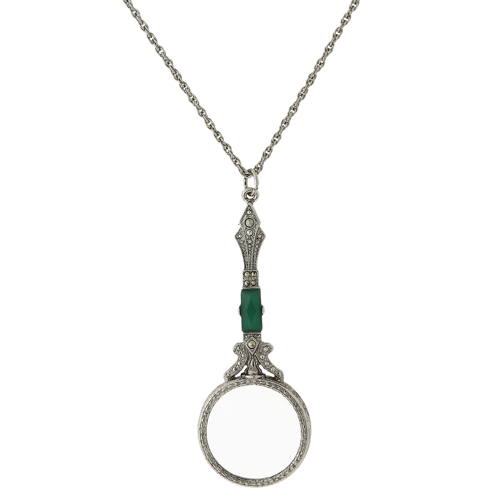 Green Silver Tone Necklace Magnifier 28 Inch