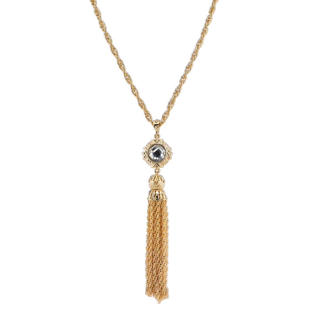 Gold Tone And Crystal Tassel Necklace 28 In